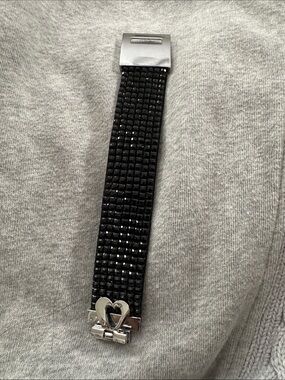 Black Rhinestone Bracelet with Silver Heart Clasp 8 inches Bracelet